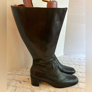 ANDIAMO WOMENS BLACK WIDE CALF BLOCK HEEL LEATHER BOOTS SIZE 12M